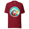 Burgundy tee shown on a bodyform featuring a playful red camper van surfing a big barrel wave with the sun glowing through the water