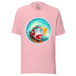 Light pink tee on a bodyform featuring a playful red camper van surfing a huge curling wave with bright sunbeams shining through