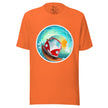 Orange tee on a bodyform featuring a cute red camper van riding a surfboard inside a huge curling wave with warm sunlight shining through