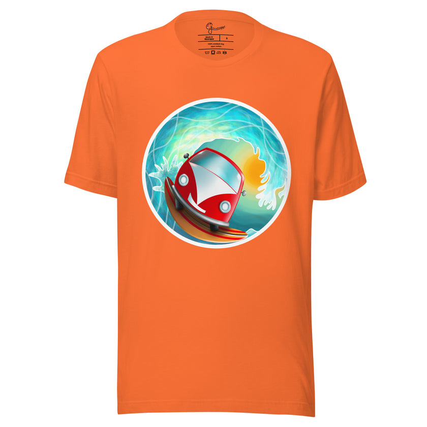 Orange tee on a bodyform featuring a cute red camper van riding a surfboard inside a huge curling wave with warm sunlight shining through