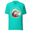 Turquoise tee on a bodyform featuring a joyful red camper van surfing a curling wave with sunlight shining through the barrel