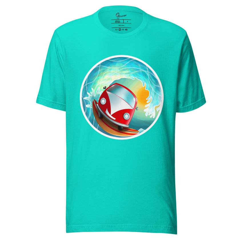 Turquoise tee on a bodyform featuring a joyful red camper van surfing a curling wave with sunlight shining through the barrel