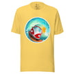 Yellow tee shown on a bodyform featuring a smiling red camper van surfing a powerful barrel wave with sunlight glowing through the water