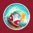 Closeup of a cute red vintage camper van smiling as it rides a surfboard inside a huge barrel wave with sunlight shining through, printed on a burgundy tee.