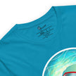 Detail shot of red vintage surfing van and a brand label, printed on an aqua blue tee.