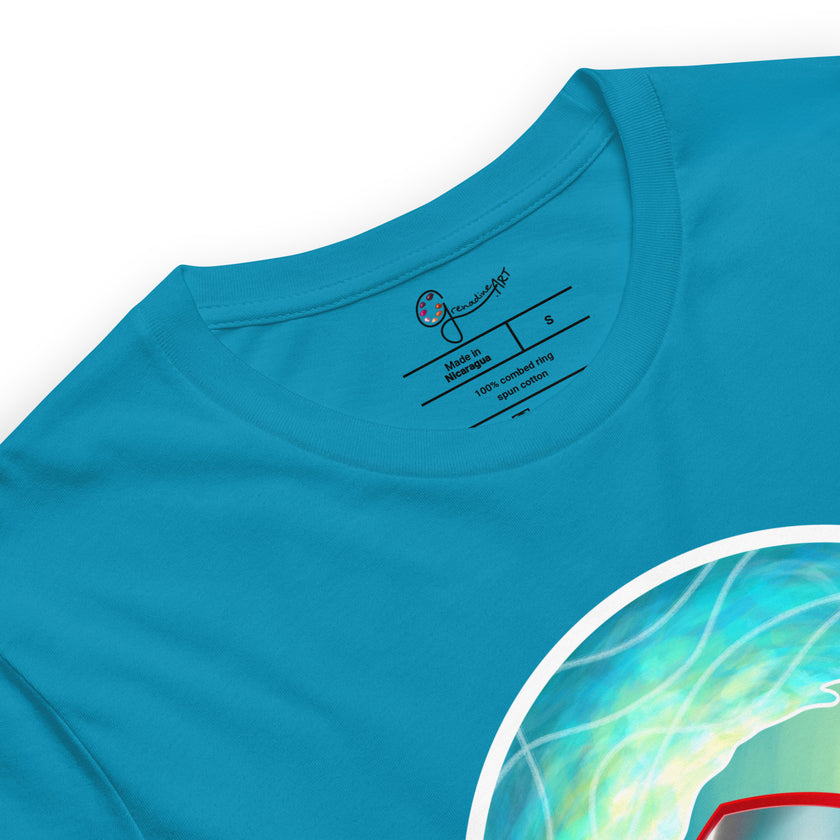 Detail shot of red vintage surfing van and a brand label, printed on an aqua blue tee.