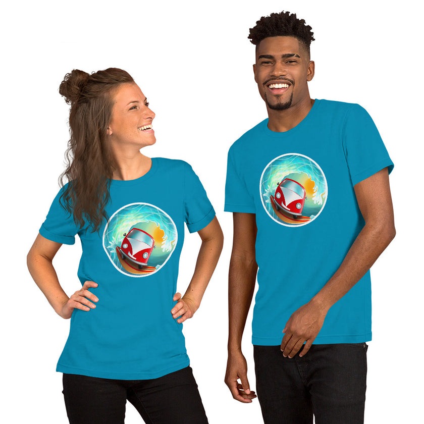 Studio mockup of an aqua tee with a playful red camper van riding a surfboard inside a bright sunlit barrel wave