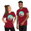 Studio mockup of a burgundy tee with a smiling red vintage camper van surfing a giant wave with bright sunlight shining through
