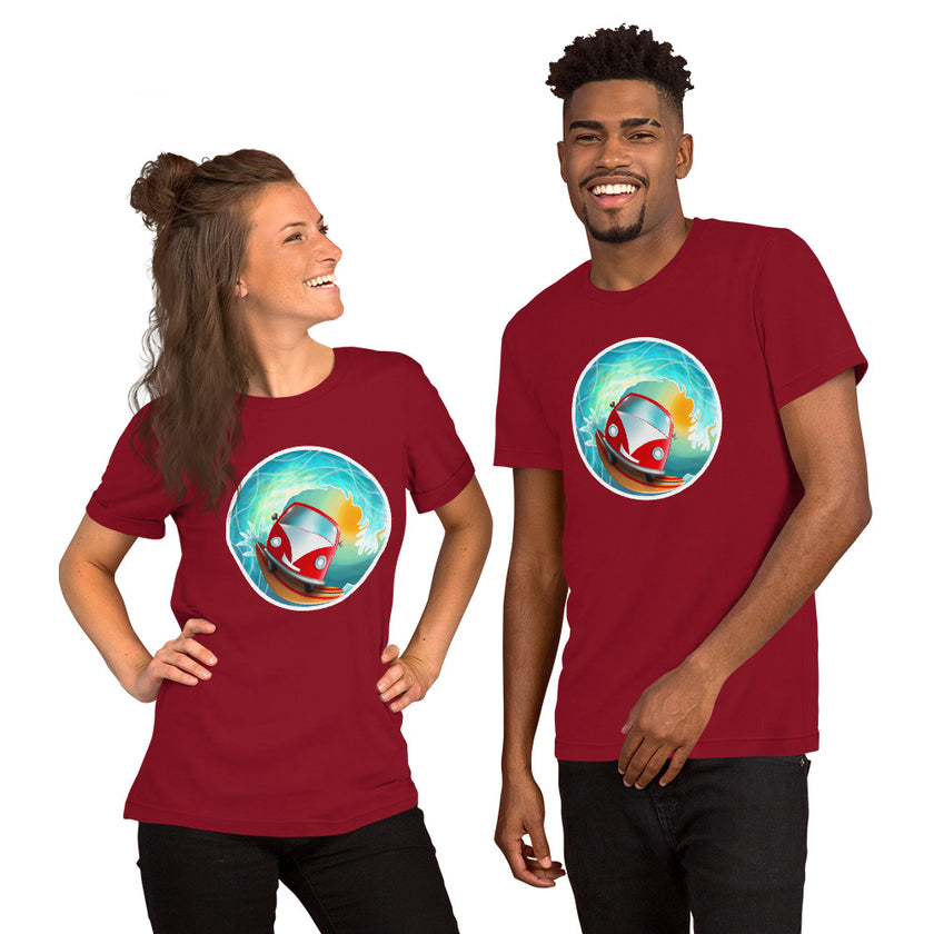 Studio mockup of a burgundy tee with a smiling red vintage camper van surfing a giant wave with bright sunlight shining through