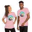Studio mockup of a light pink tee with a smiling red vintage camper van riding a surfboard inside a glowing barrel wave