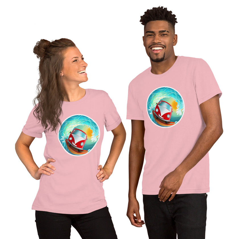 Studio mockup of a light pink tee with a smiling red vintage camper van riding a surfboard inside a glowing barrel wave