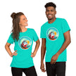 Studio mockup of a turquoise tee with a cute red vintage camper van surfing a huge sunlit wave