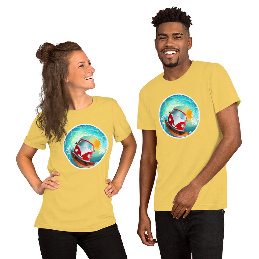 Studio mockup of a yellow tee with a cute red vintage camper van riding a surfboard inside a sunlit barrel wave