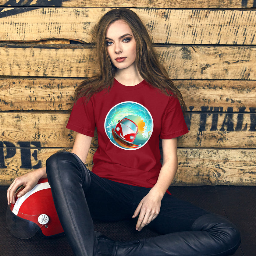 Lifestyle mockup of a burgundy tee with a smiling red vintage camper van on a surf board, surfing a giant barrel wave on a sunny day
